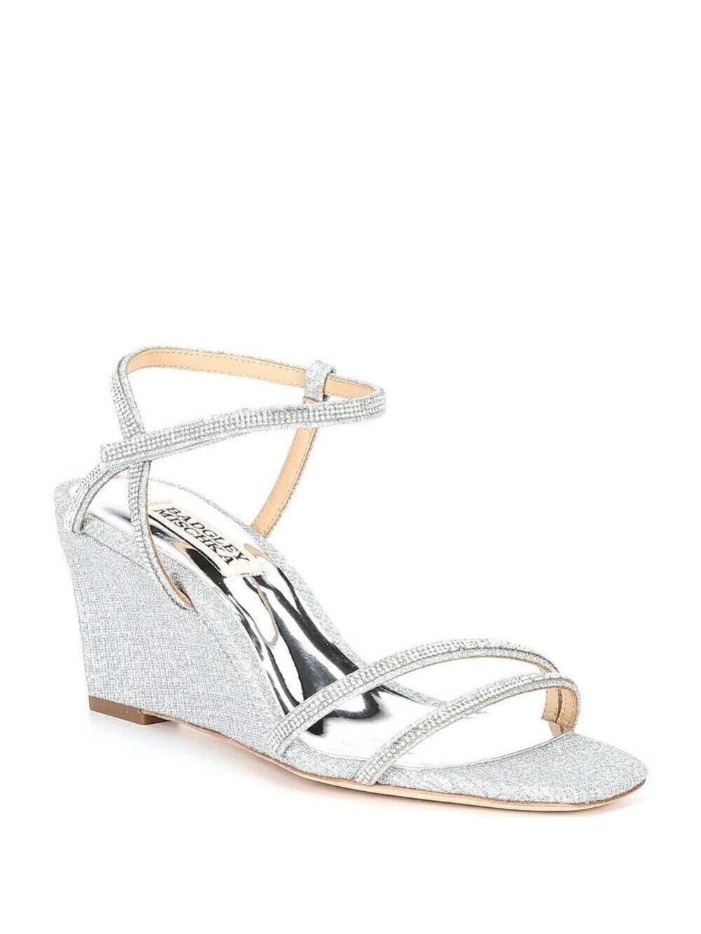 BADGLEY Mischka "Unity" Silver Wedge Sandals Sz 7.5 Embellished Stones